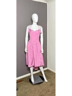 1980's Pink Party Dress with Lace Accents Off Shoulder size XL
